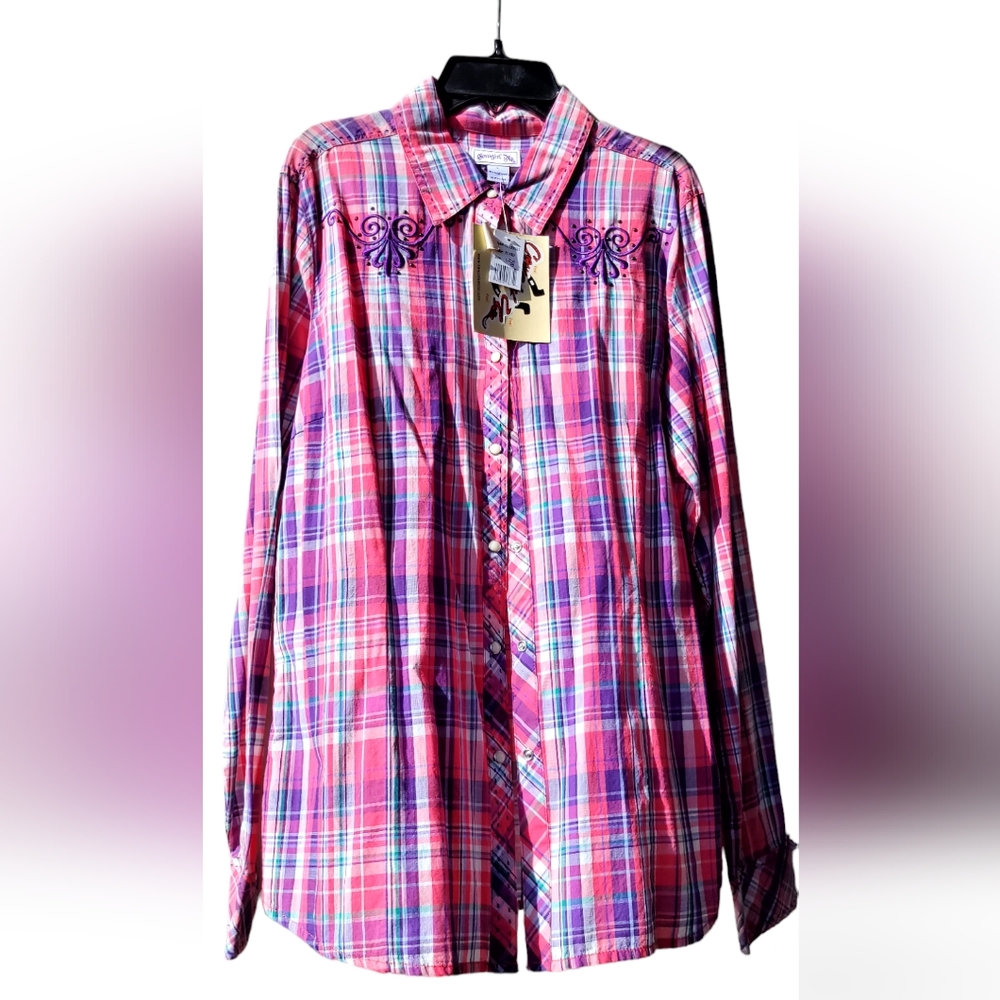 Cowgirl Up Pink/Purple Plaid Longsleeve Buttondown, Size Large